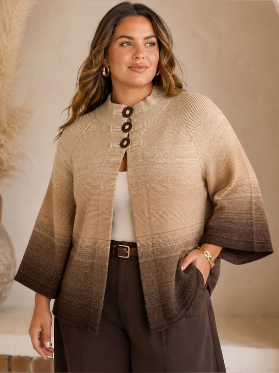 Sweaters - Jones New York Women 2X Ombre Cotton Cardigan Brown Cream Bell Sleeve Sweater